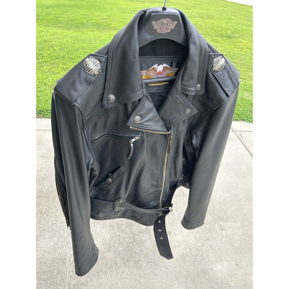 Vintage Harley Davidson Womens Black Leather Fringe Motorcycle Jacket Large LW